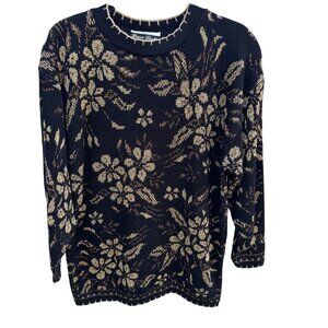 Dana Scott Vintage Womens Metallic Black Gold Floral Knit Sweater M Glam Cottage